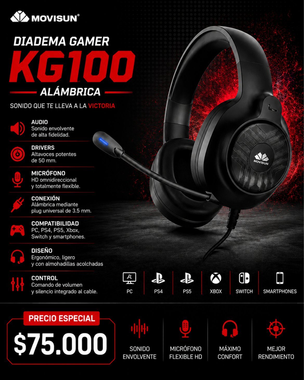 Diadema Gamer KG100 Alámbrica