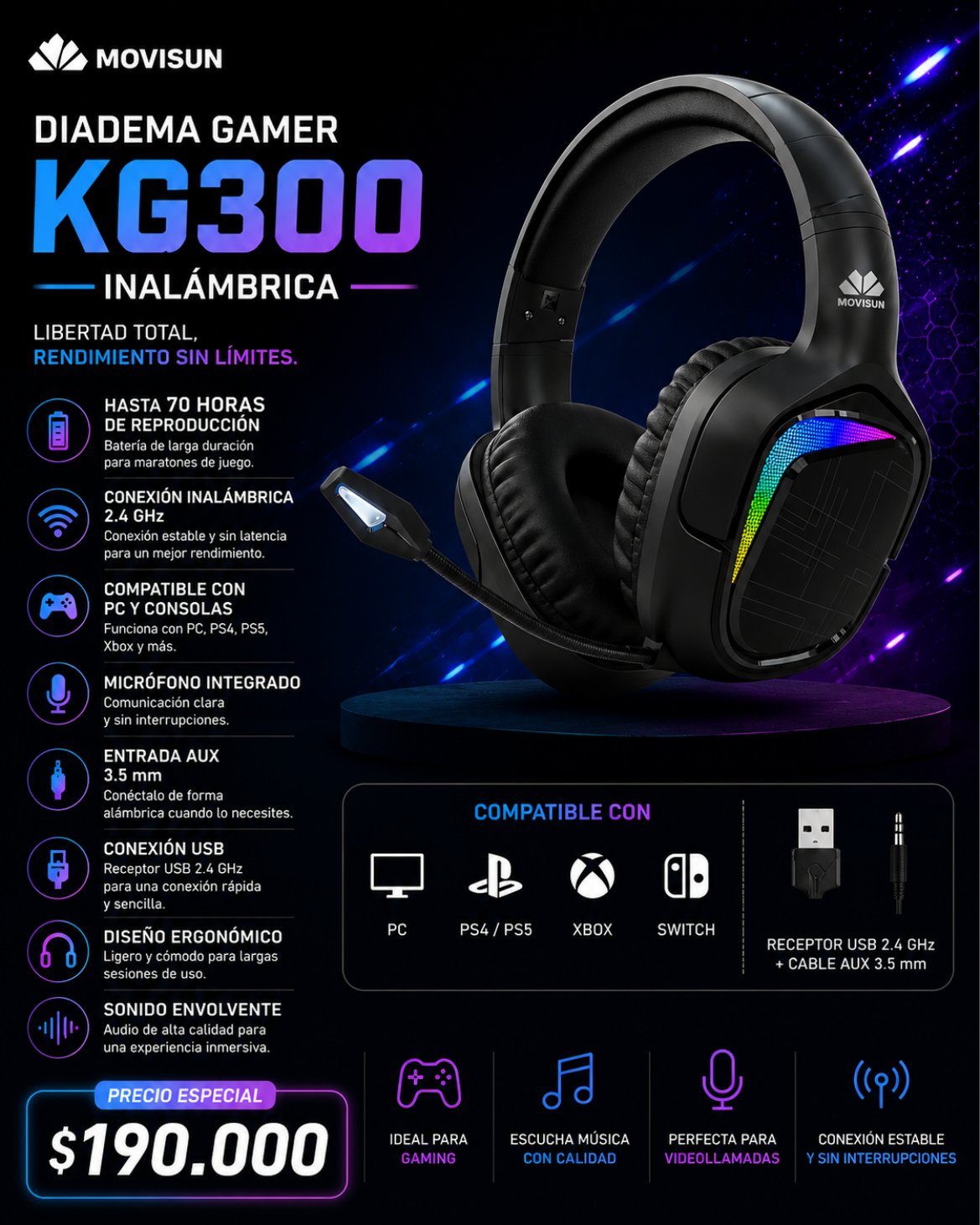 Diadema Gamer KG300 Inalámbrica