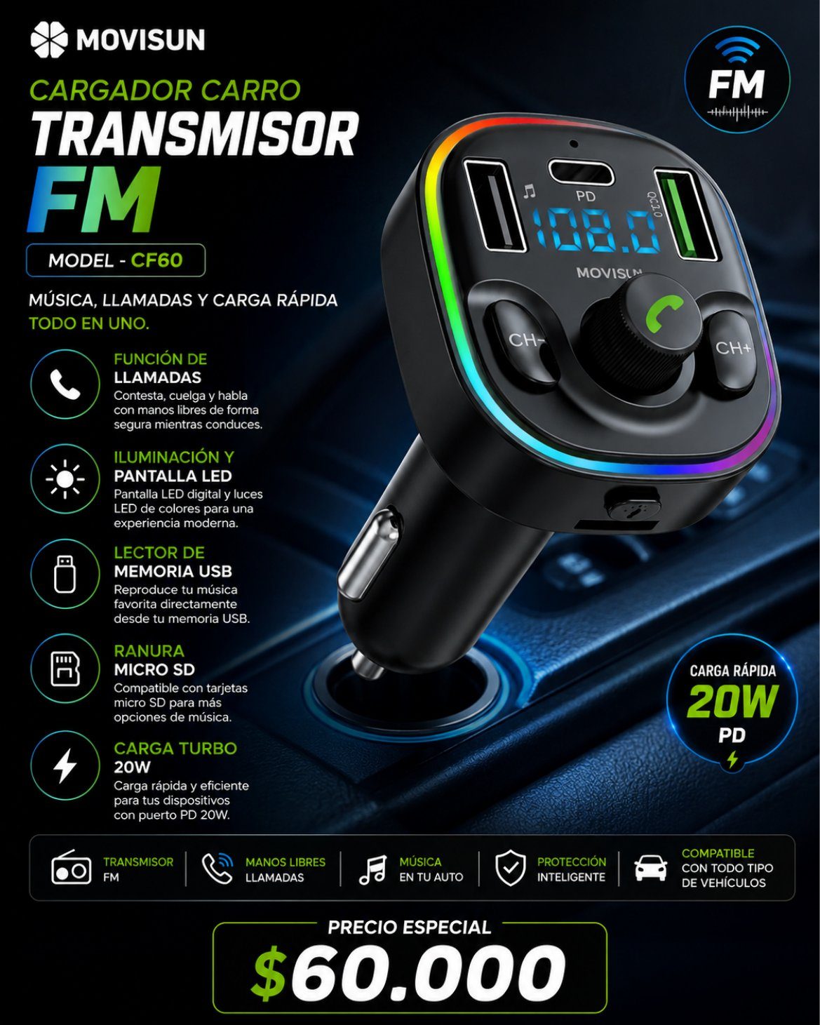 Cargador Carro Transmisor FM