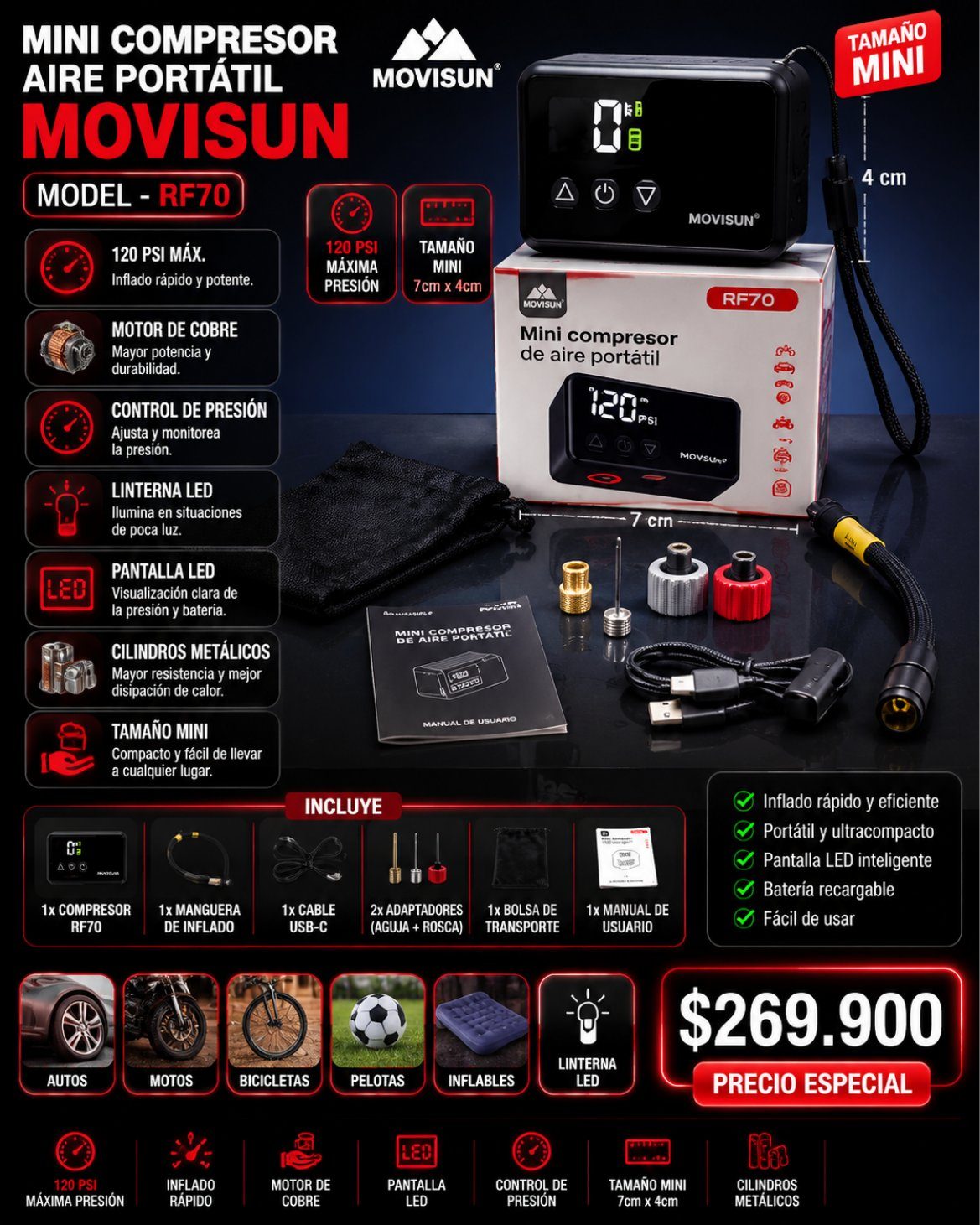 Mini Compresor Aire Portátil Movisun RF70